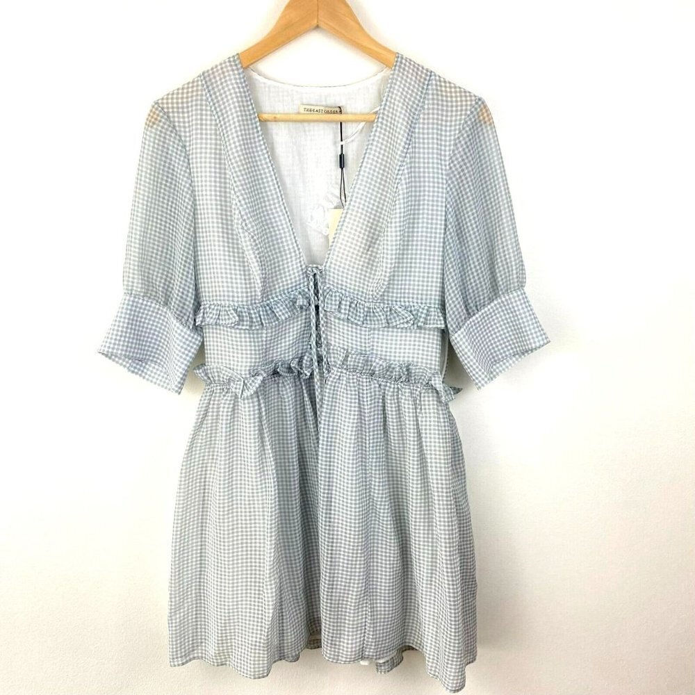 The East Order Willa Mini Dress $189 Size Medium Gray Check Ruffles Sheer NEW